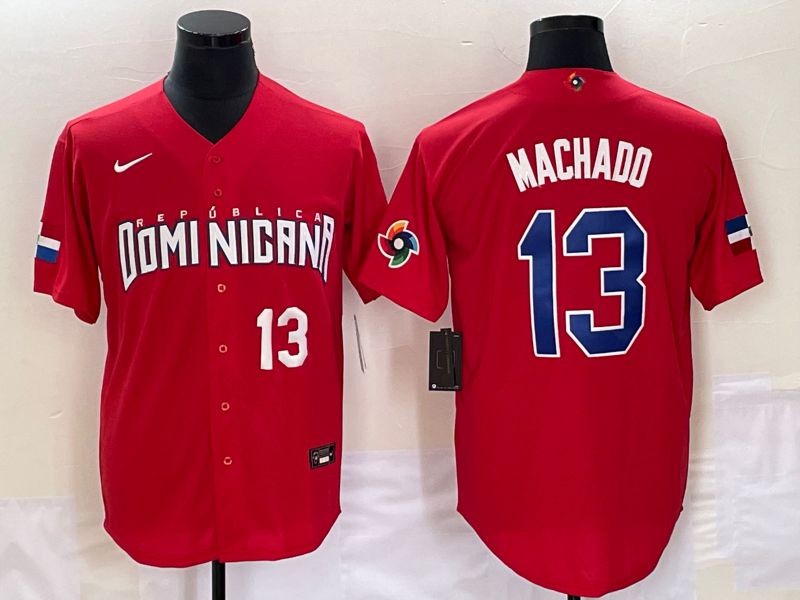 Men 2023 World Cub Dominicana #13 Machado Red Nike MLB Jersey2